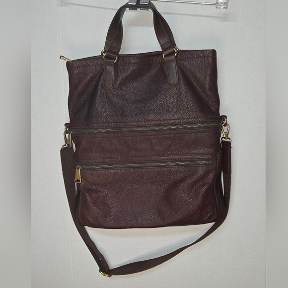 Fossil EXPLORER Triple Zip Crossbody Purse Bag Brown Cowhide Leather Brass VGUC - Picture 1 of 9
